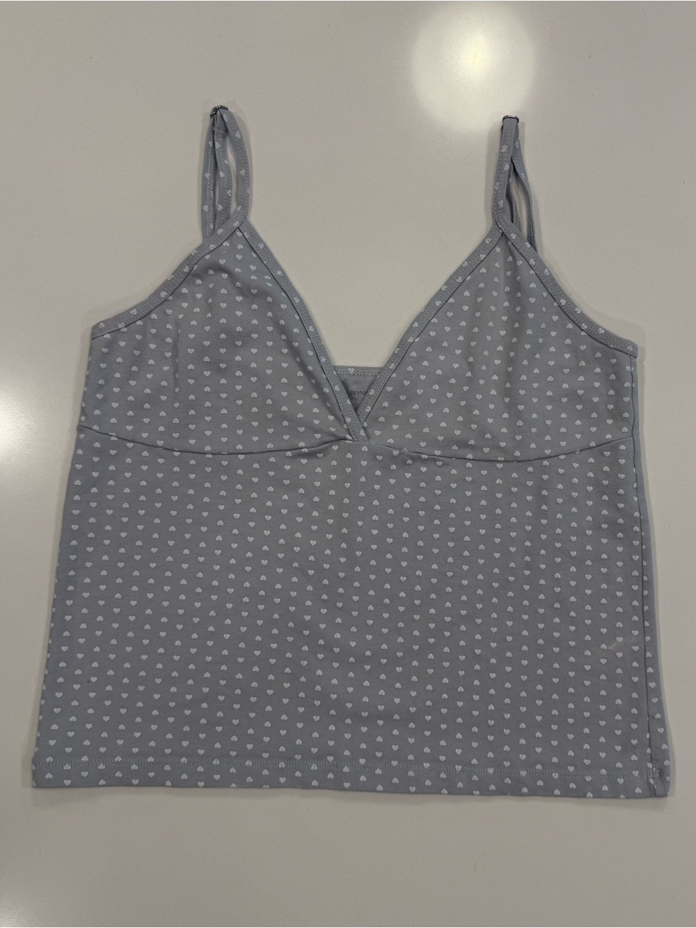 Brandy Melville Tank/Cami WomenOS Light Blue/Gray  White Hearts VNeck Cotton Top